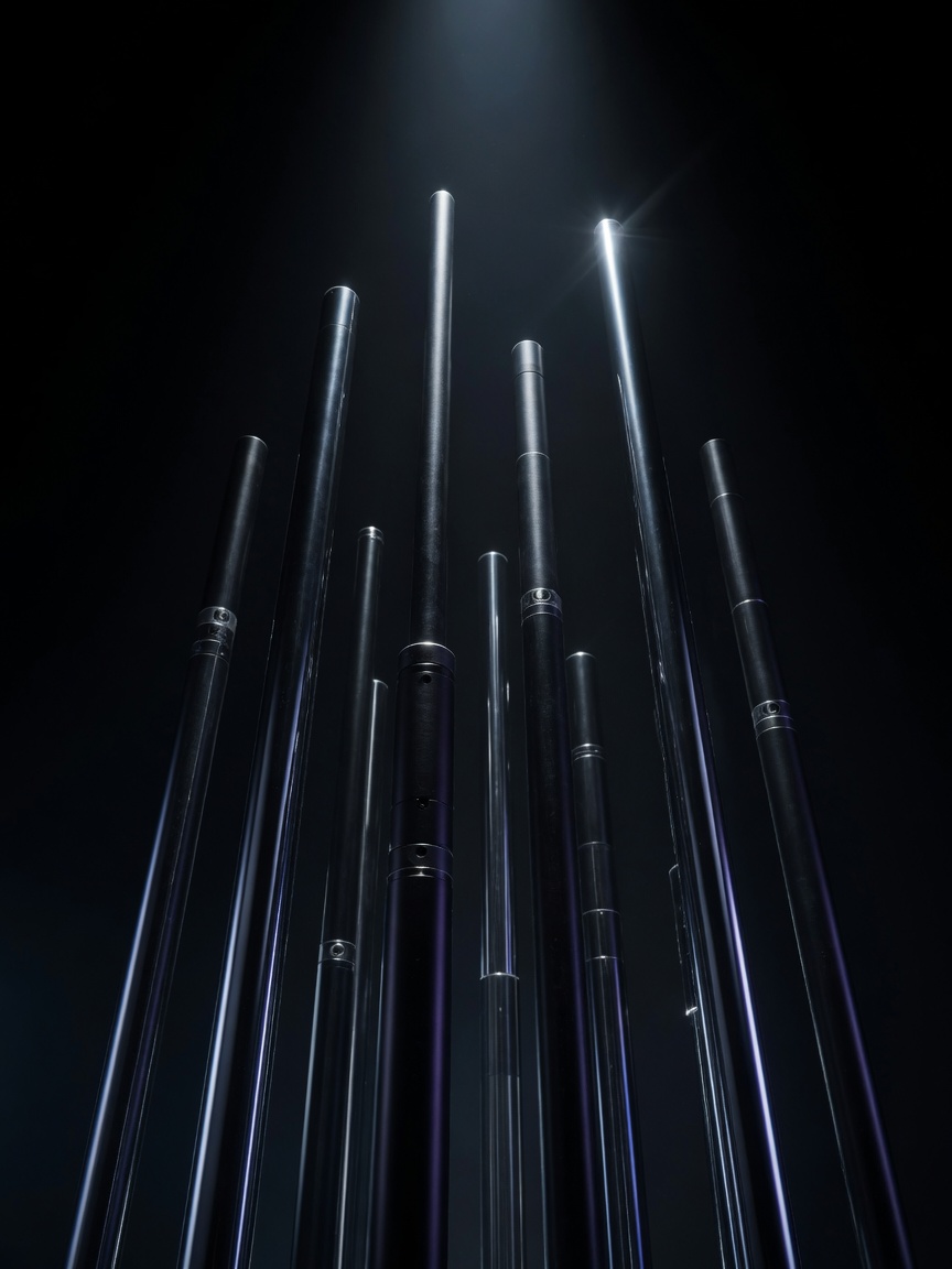 FXNOD brand photography — dark chrome rods in a black void
